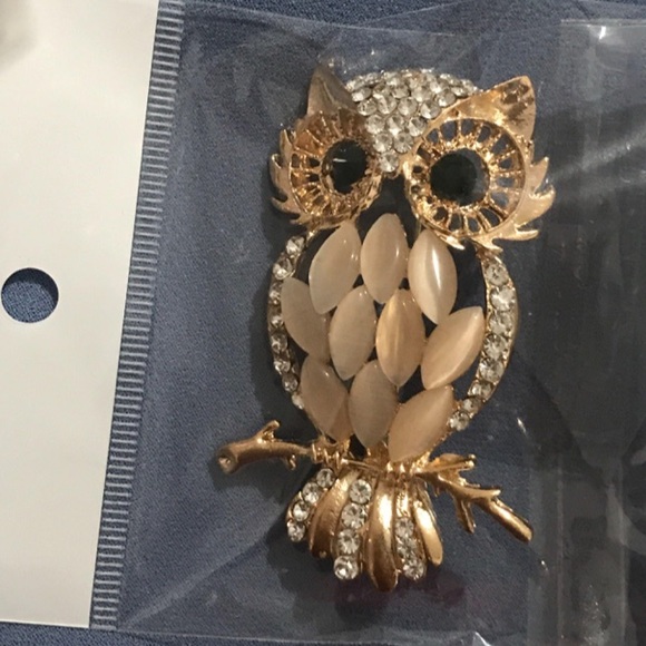 Rhinestone Gold Owl Wisdom Brooch Pin - Picture 5 of 5